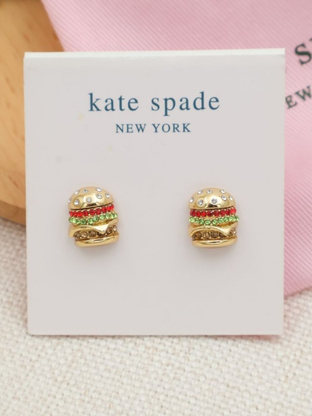 NEW Kate Spade Fast Food Burger Stud Earrings Gold Crystal